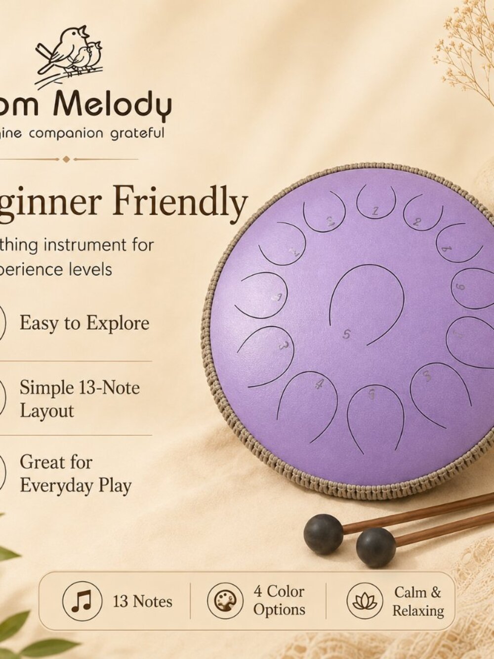 Gold Steel Tongue Drum 14" 13 Notes | Meditation, Yoga & Relaxing Sound Gift - Picture 7 of 10